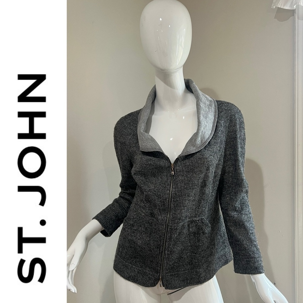 St. John Charcoal Gray Zip-Front Knit Cardigan